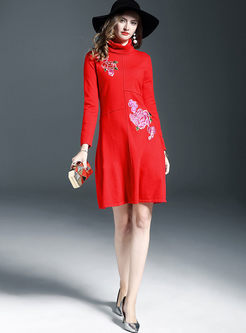 Ethnic Embroidered High Neck Long Sleeve Knitted Dress