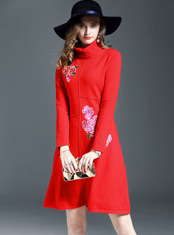 Ethnic Embroidered High Neck Long Sleeve Knitted Dress