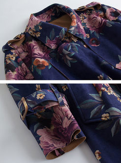 Blue Stylish Floral Print Belt Trench Coat