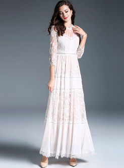 White Elegant Lace Mesh Stitching Maxi Dress