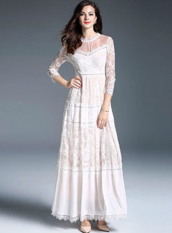 White Elegant Lace Mesh Stitching Maxi Dress