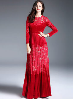 Elegant Velvet Splicing Lace Long Sleeve Maxi Dress