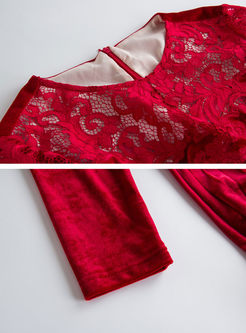 Elegant Velvet Splicing Lace Long Sleeve Maxi Dress