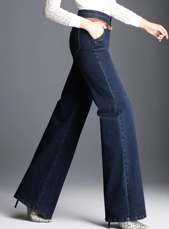 Dark Blue Casual With Pockets Wide Leg Pants