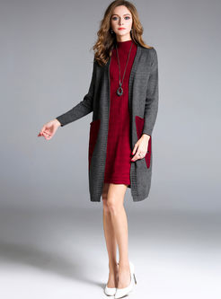 Stylish Hole Hit Color Long Sleeve Knitted Coat