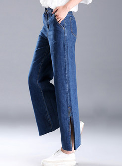 Stylish Split Blue Denim Wide Leg Pants