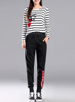 Red Casual Belted Patchwork Pencil Pants