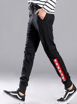 Red Casual Belted Patchwork Pencil Pants