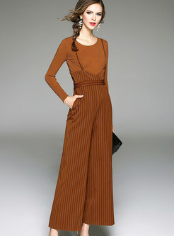 Slim Pure Color O-neck Sweater & Loose Vertical Striped Jumpsuits