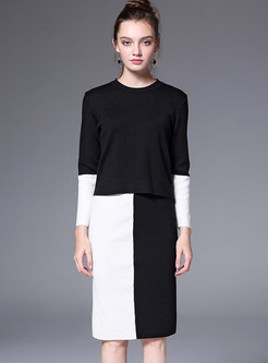 Black Slim Contrast Color Knitted Two-piece Outfits