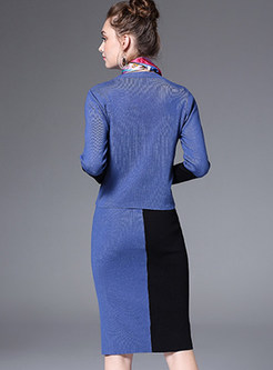 Blue Slim Contrast Color Knitted Two-piece Outfits