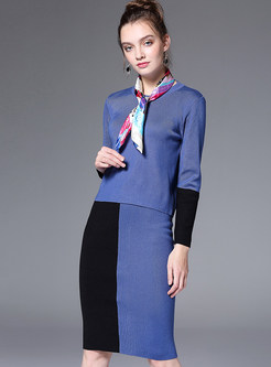 Blue Slim Contrast Color Knitted Two-piece Outfits