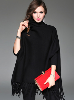 Stylish Black Tassel Hem Batwing Sleeve Sweater