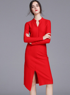 Red Stand Collar Asymmetric Hem Split Bodycon Dress