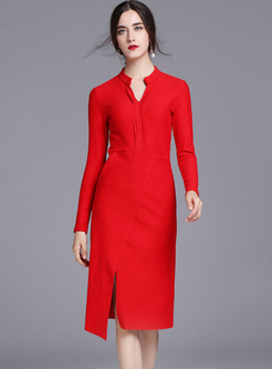Red Stand Collar Asymmetric Hem Split Bodycon Dress