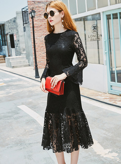 Black Party Lace Perspective Flare Sleeve Mermaid Dress