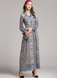 Elegant Lace Falbala Neck Maxi Dress