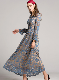 Elegant Lace Falbala Neck Maxi Dress
