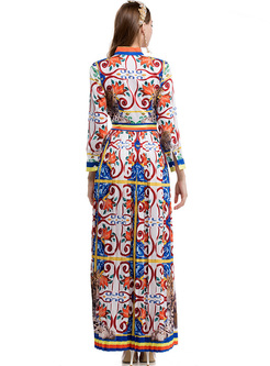Bohemia Tied-collar Print Maxi Dress