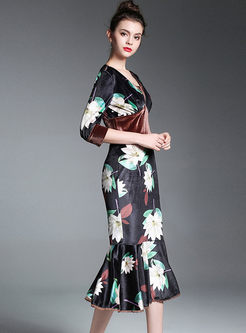 Black Velvet Floral Print V-neck Mermaid Dress