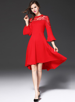 Red Lace Perspective Flare Sleeve A-line Dress