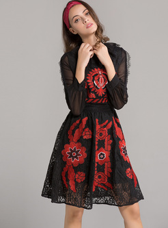 Ethnic Lace Embroidery Color-blocked A-line Dress