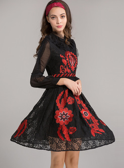 Ethnic Lace Embroidery Color-blocked A-line Dress