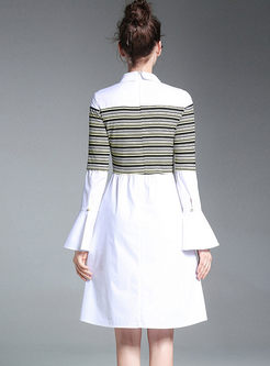 Striped Splicing Hit Color Flare Sleeve A-line Shirt Dress