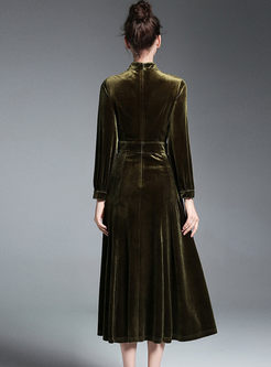Velvet Pearl Button Stand Collar Pleated Dress