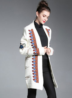 Ethnic Embroidered Long Sleeve Knitted Coat