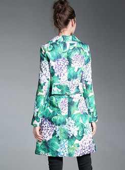 Green Floral Print Notched Neck Trench Coat