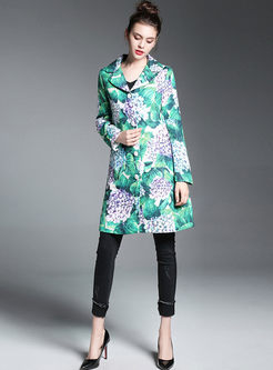 Green Floral Print Notched Neck Trench Coat