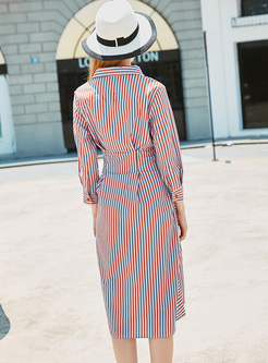 Street Lapel Vertical Striped Shirt Dress