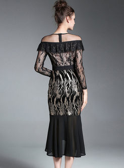 Sexy Black Sequins See Through Lace Hollow Out Mermaid Dress