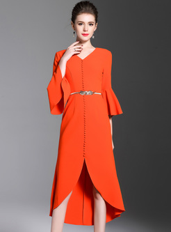 Orange Elegant Flare Sleeve Asymmetric Mermaid Dress