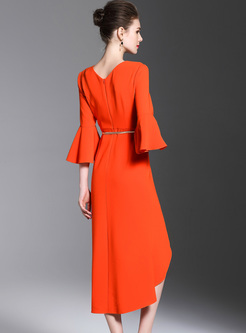 Orange Elegant Flare Sleeve Asymmetric Mermaid Dress