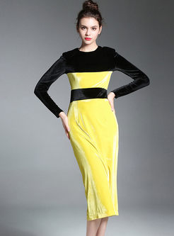 Hit Color Velvet Splicing Long Sleeve Bodycon Dress