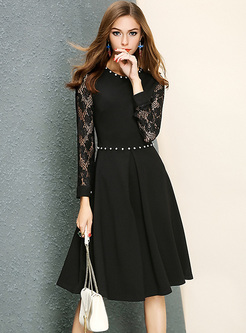 Black Elegant Lace Beaded Waist A-line Dress