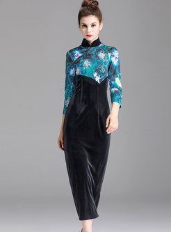 Ethnic Floral Print Velvet Stitching Bodycon Dress