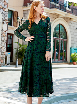 Green Chic V-neck Lace Hollow A-line Dress