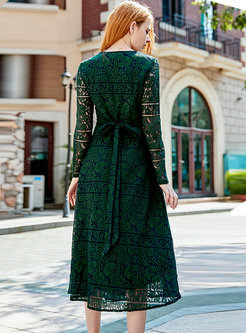 Green Chic V-neck Lace Hollow A-line Dress