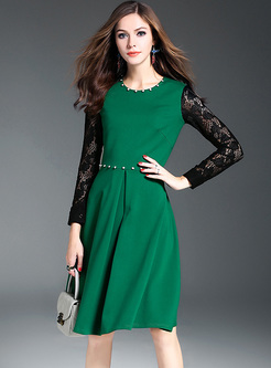 Elegant Lace Beaded Waist A-line Dress