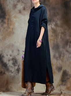 Black Casual Hooded Split Maxi Dress