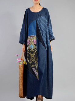Fashion Denim Embroidery Striped Maxi Dress