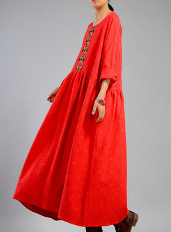 Red Casual Embroidery Patchwork Maxi Dress