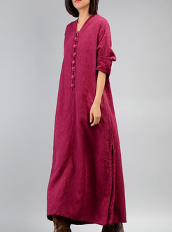 Purple Red Vintage Button-detail V-neck Maxi Dress