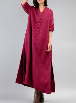 Purple Red Vintage Button-detail V-neck Maxi Dress