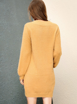 Brief Knitted V-neck Long Sleeve Knitted Dress