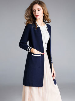 Hit Color Loose Long Sleeve Knitted Coat