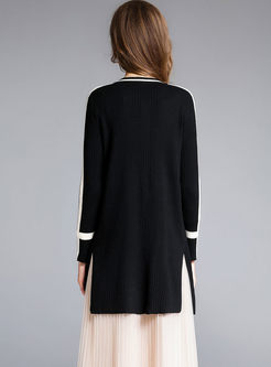 Brief Long Sleeve Hit Color Knitted Coat